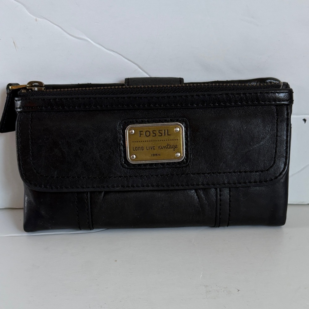 Vintage Fossil black leather wallet Long Live Vintage 1954 cardholders